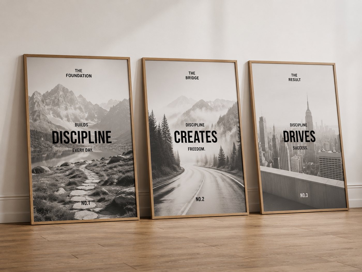 Three large black and white landscape prints about discipline
