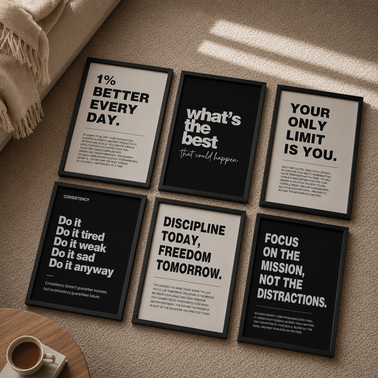 Six black-framed motivation prints laid out on a rug
